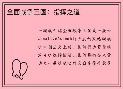 全面战争三国：指挥之道